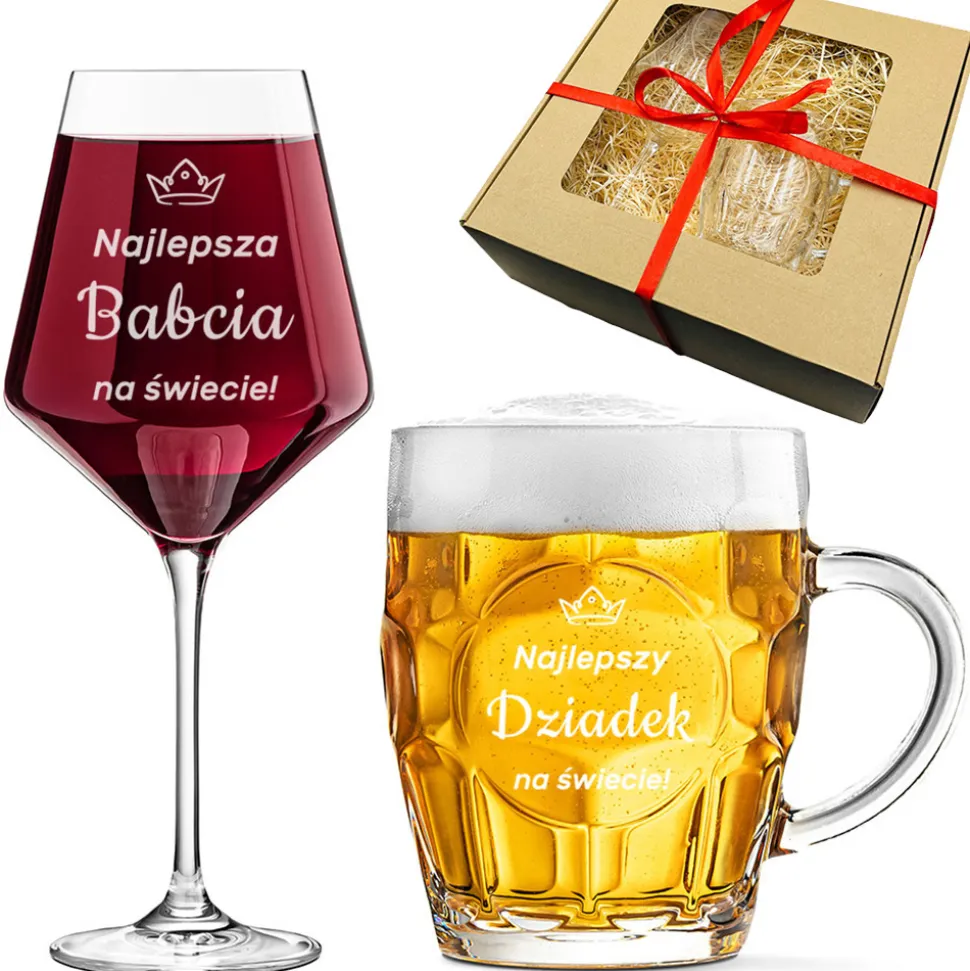 Zestaw dla Dziadków Kieliszek + Kufel - Prezent na Dzień Babci i Dziadka Święta Rocznicę