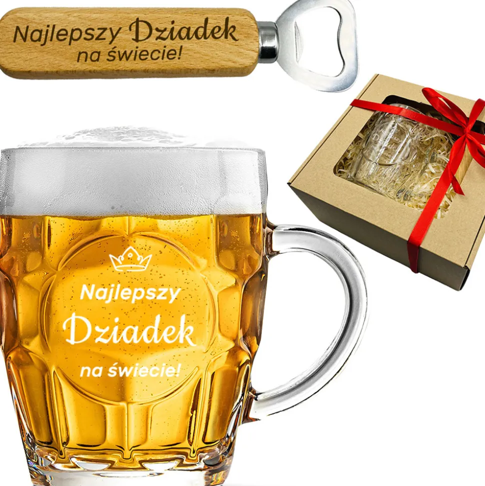 Zestaw do Piwa Kufel + Otwieracz - prezent dla Dziadka na Dzień Babci i Dziadka
