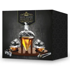 Zestaw do whisky DIAMENT DELUXE: karafka, 2 szklanki, drewniana podstawka i kamienne kostki
