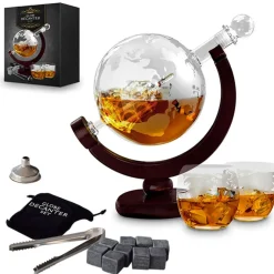 Zestaw do whisky GLOBUS: karafka, 2 szklanki i kamienne kostki - prezent na 40 50 60 urodziny dla faceta taty męża
